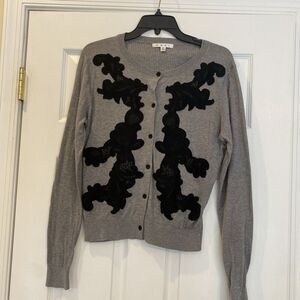 Cabi Women’s Grey With Black Lace Appliqué Button Down Cardigan Size Medium